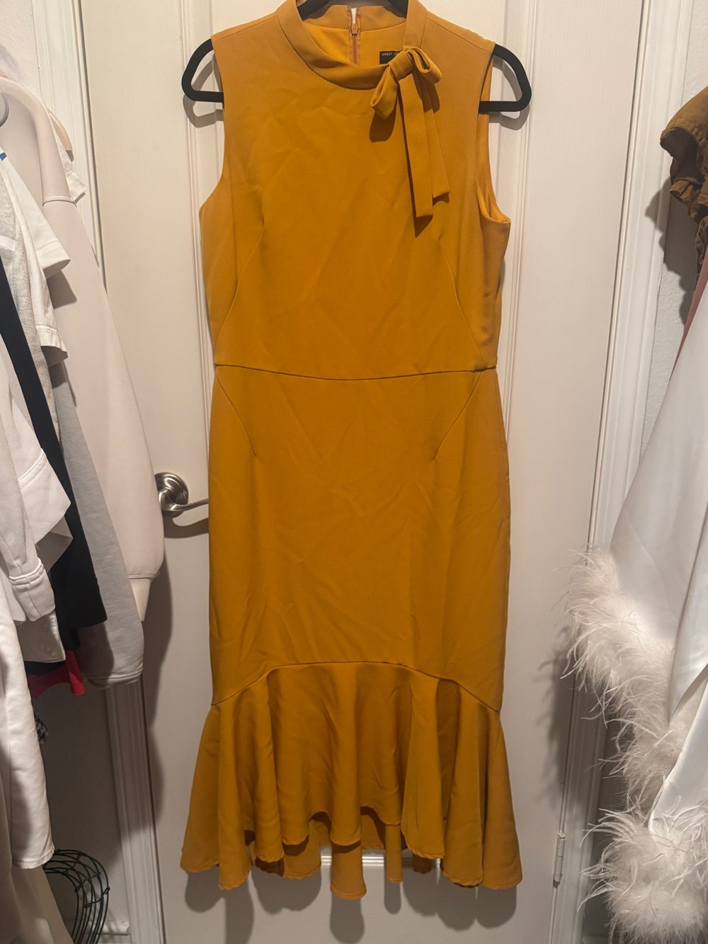 Maggy London Mustard Sleeveless Tie-Neck Midi Dress